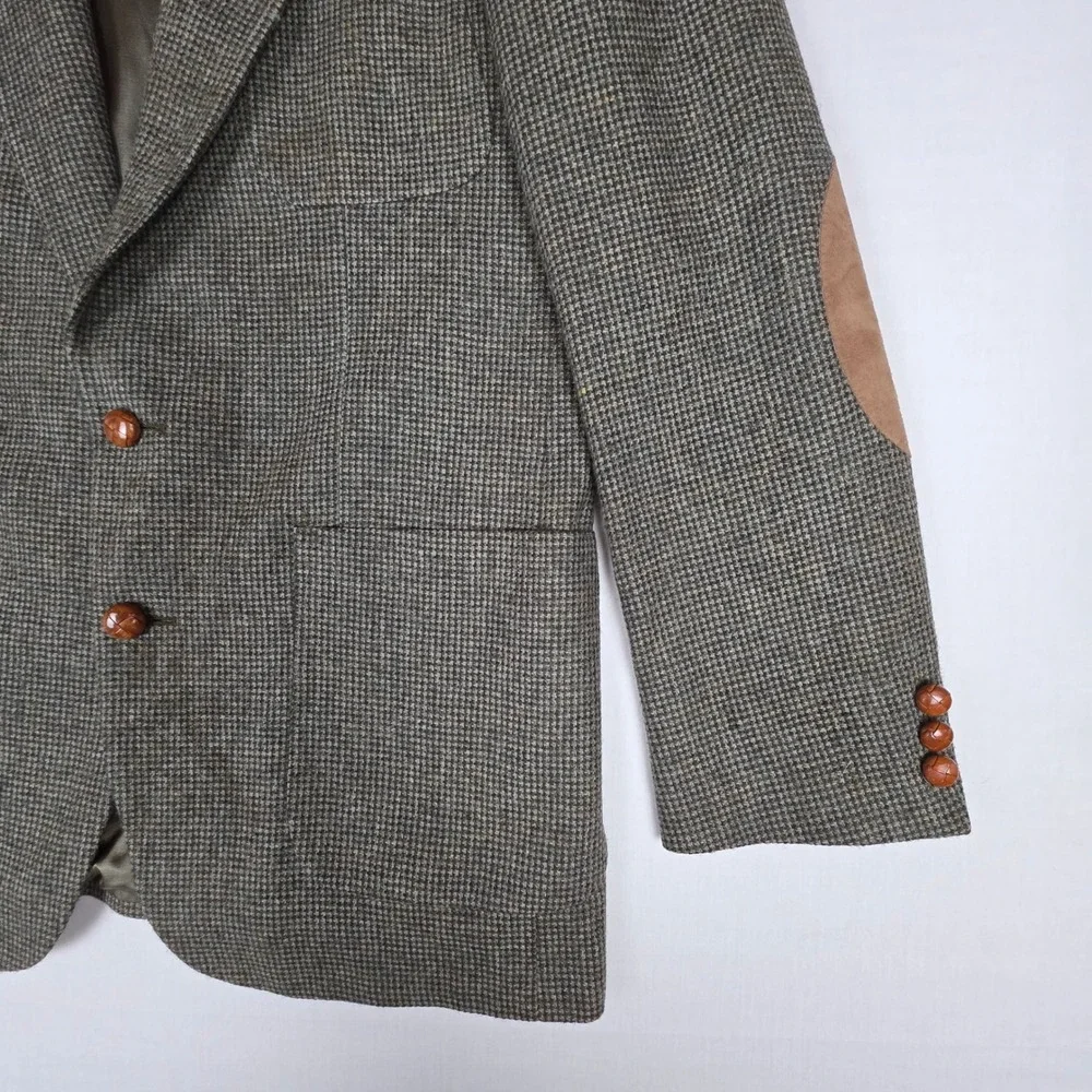 Hunt Valley Pure Wool Tweed Elbow Patch Blazer Sport Coat Mens 42L Brown Check